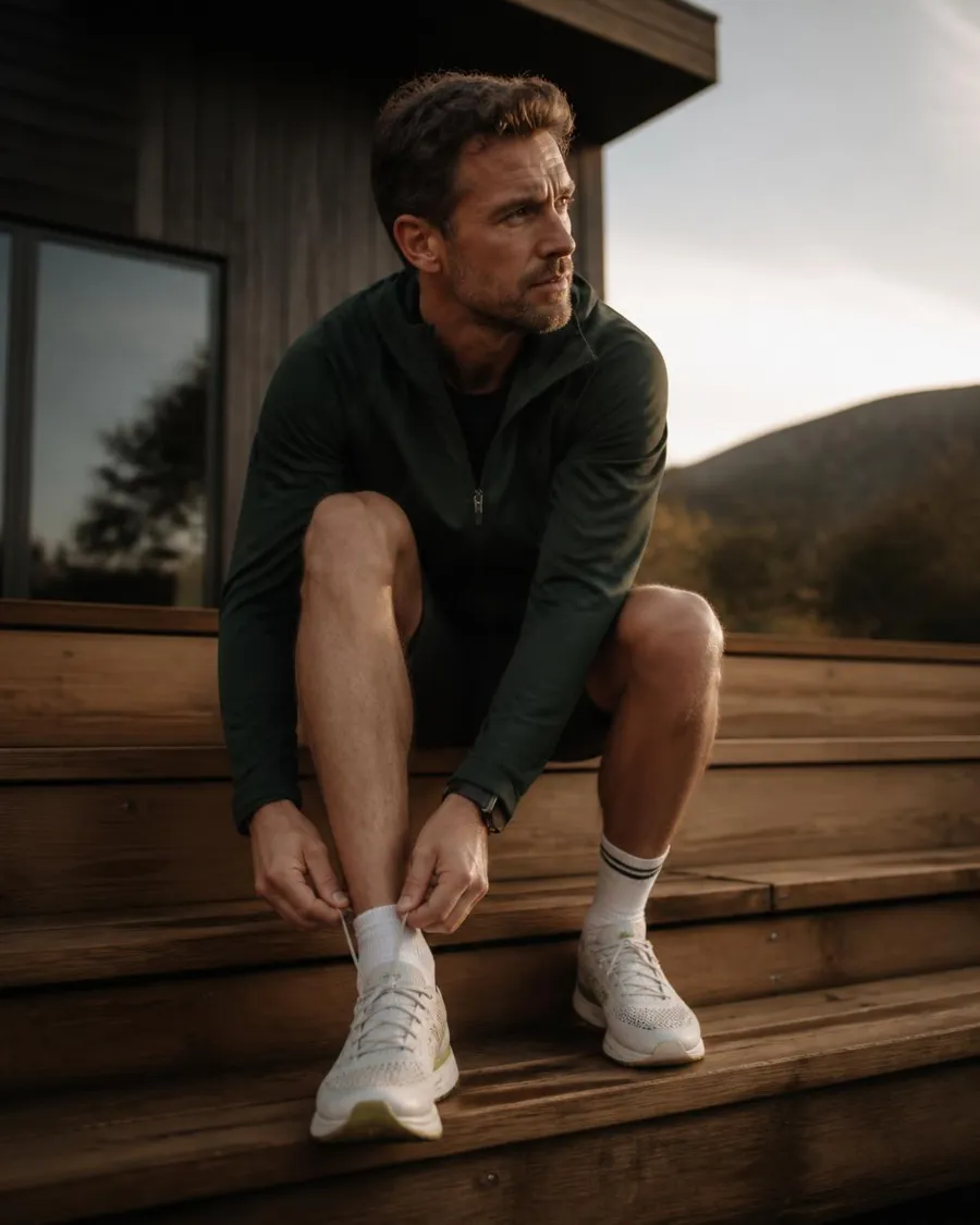 Man lacing running shoes at sunrise